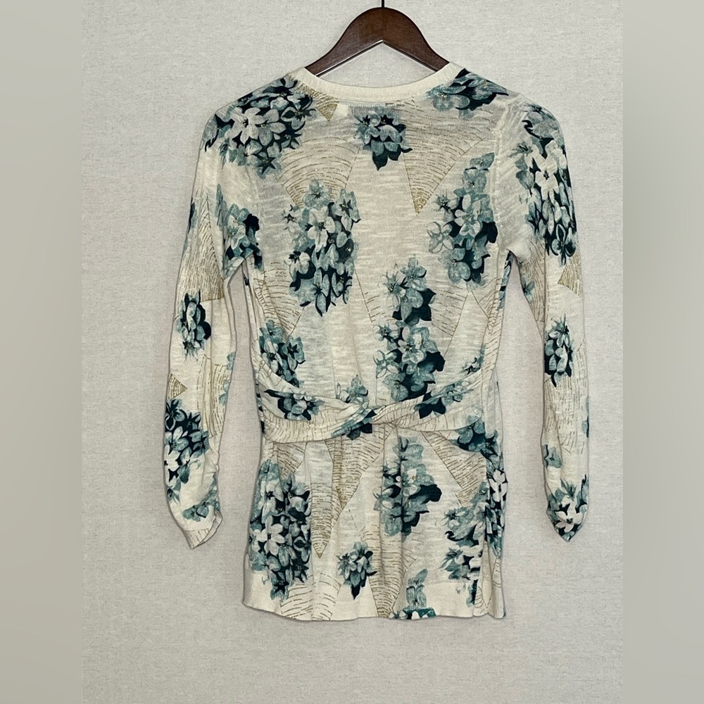 Anthropology lightweight blue-green floral cardigan with gold accents & pockets - Picture 3 of 5